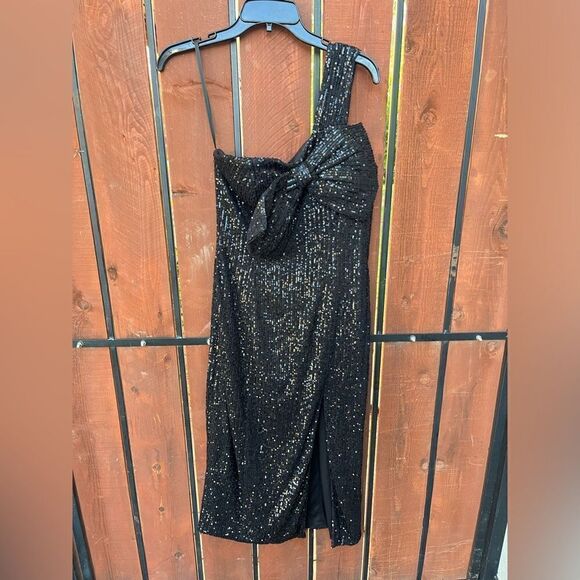 Mac Duggal One Shoulder Front Bow Cocktail Dress Evening Slit Midi 11286 - Picture 1 of 7